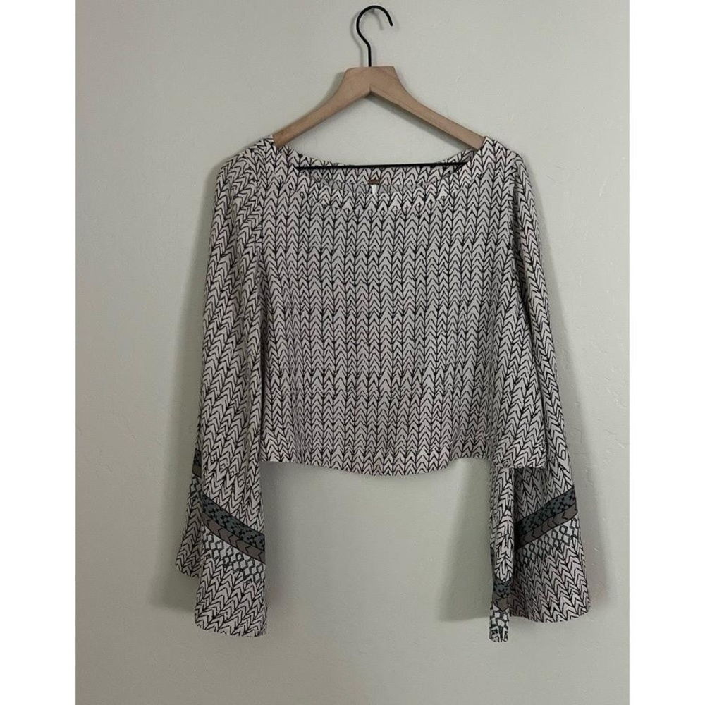 Free People Black and White Patterned Long Sleeve Crop Top